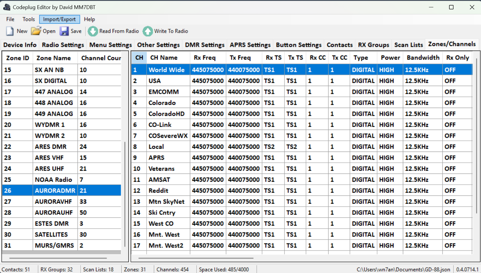 Auto-generated description: A software interface is displayed, showing a list of radio channels with various settings and configurations.